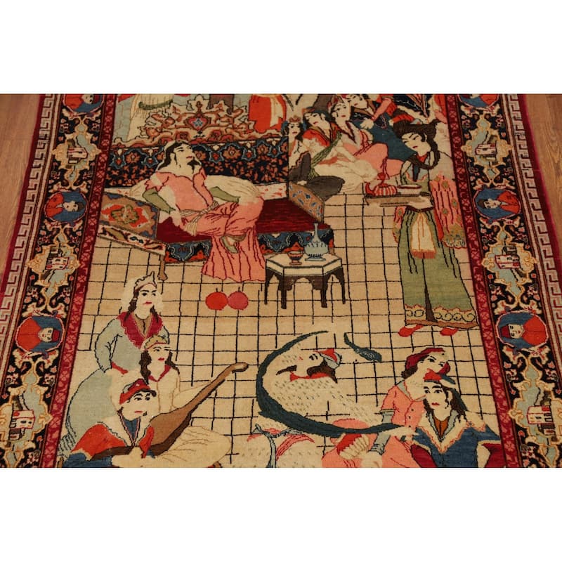 Pre-1900 Antique Pictorial Kashan Persian Rug Handmade Wool Carpet - 4'2"x 7'0"