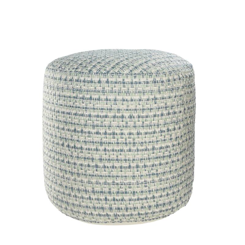 20" Blue and Green Interwoven Coastal Round Outdoor Patio Pouf Ottoman