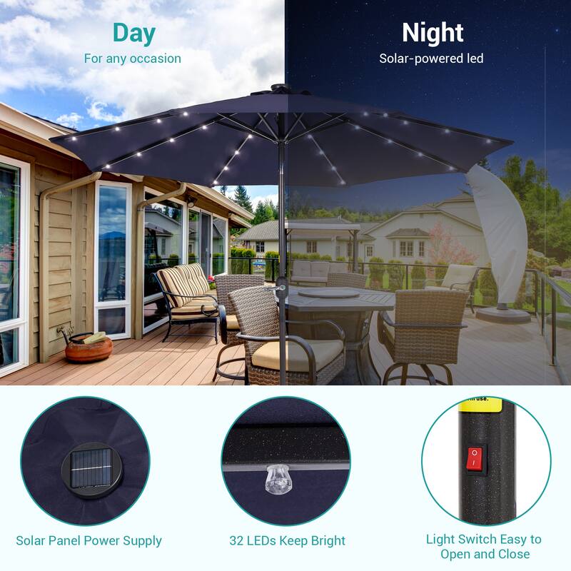 BONOSUKI 9ft Patio Solar Umbrella LED Patio Market Steel Tilt w/Crank