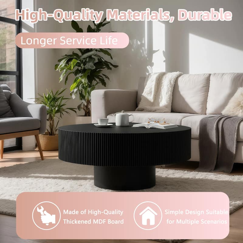 Round Fluted Coffee Table with Sturdy Pedestal, Mid-Century Modern Accent Table for Living Room & Small Spaces