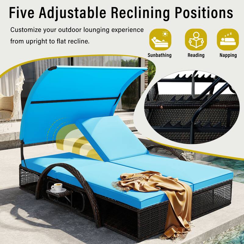 Outdoor Steel Frame Sun Lounger with Adjustable Backrest,Patio Double Sunbed with Hidden Side Table and Arched Armrests