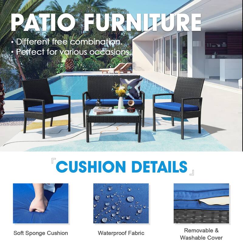 Vrakae 4 Piece Outdoor Patio Rattan Wicker Furniture Set