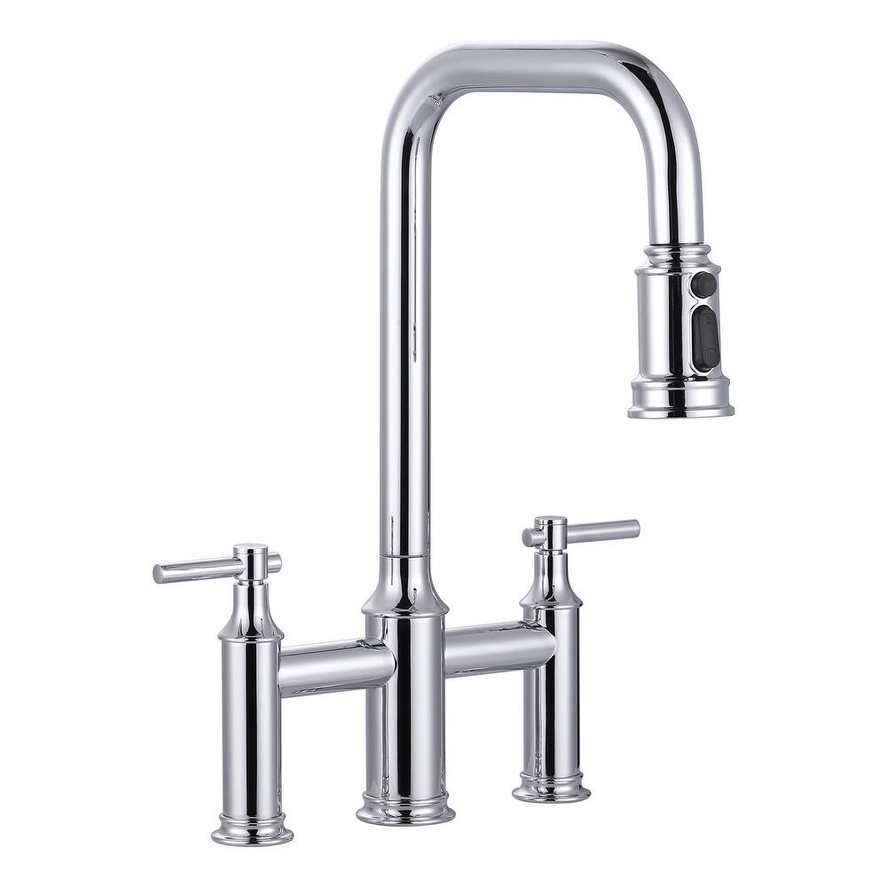 WOWOW Double Handle Bridge Kitchen Faucet with Advanced Spray
