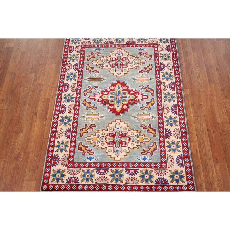 Geometric Kazak Foyer Rug Hand-Knotted Blue Wool Carpet - 3'4" x 4'9"