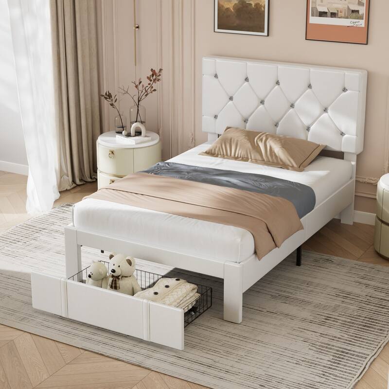 VECELO Bed Frame with Storage Drawers, Leather Upholstered with Diamond Tufted Headboard, Solid Wood Slat Support