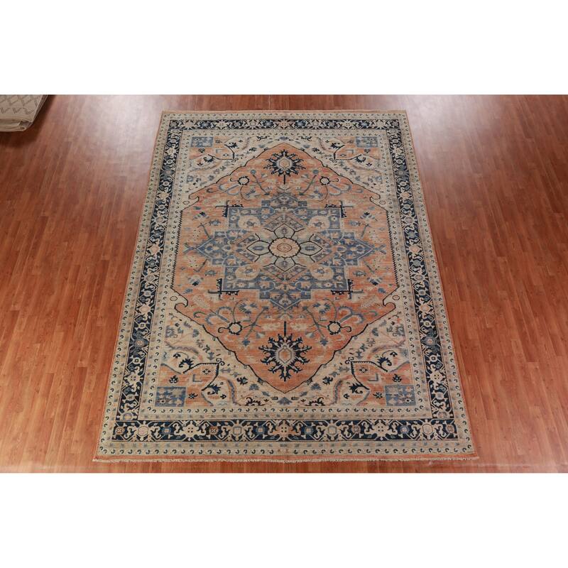 Orange Vegetable Dye Heriz Serapi Rug Hand-Knotted Wool Carpet - 8'11"x 11'11"