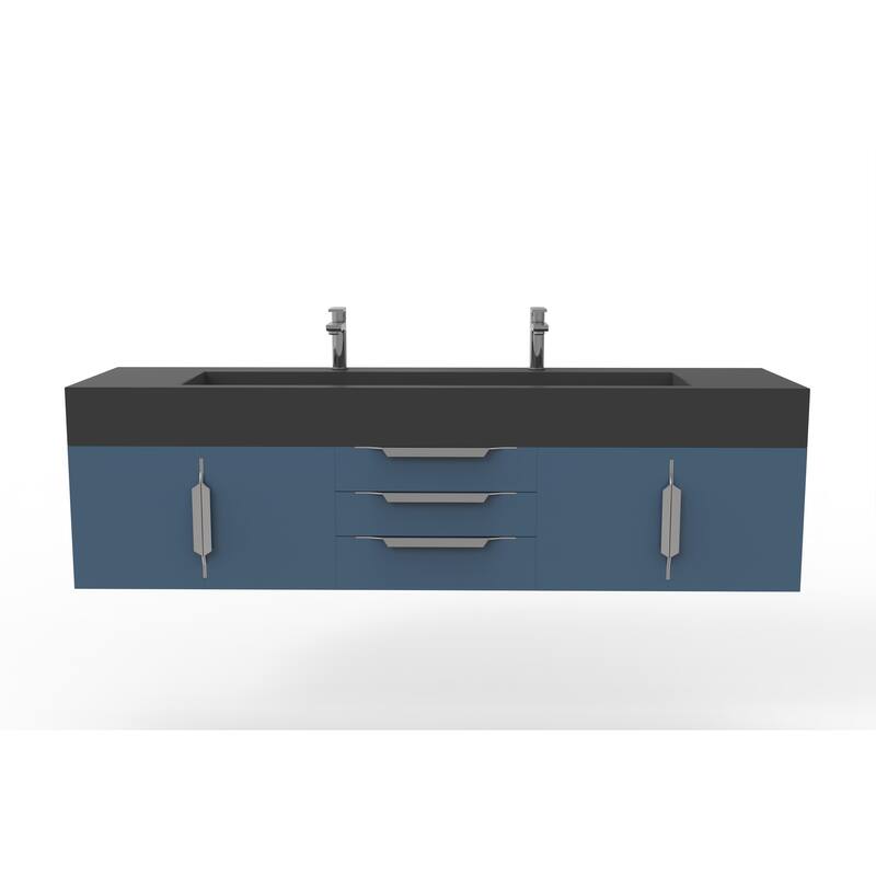 Nile 72" Wall Mounted Bathroom Vanity Set w/ Black Top - Blue - Brushed Nickel Finish