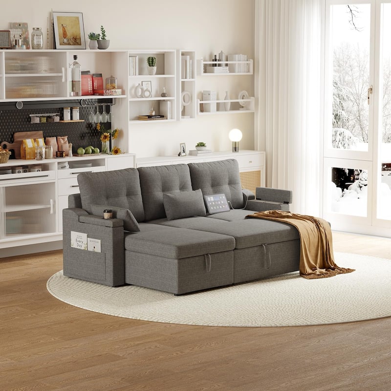 Sofa Couch, Sofa Couch with Storage, Modern L Shaped Sectional Couch with Pullout Bed - Dark Gray
