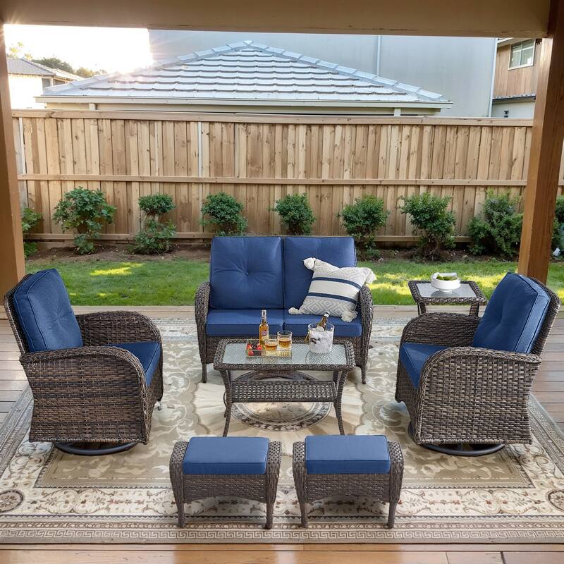 Pocassy Outdoor Loveseat Sofa with Table Funiture Set - Brown Wicker Blue Cushion - 7PCS Loveseat Sofa with Swivel Chairs Ottoman
