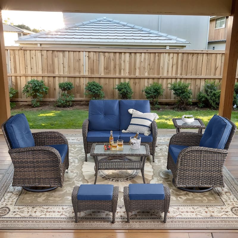 Wicker Swivel Patio Chairs with 2 Seater Sofa Ottoman - Brown - Blue - Brown