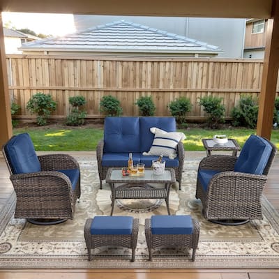 Wicker Swivel Patio Chairs with 2 Seater Sofa Ottoman - Brown