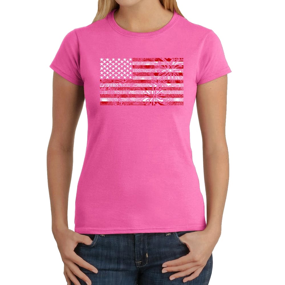 LA Pop Art Women's Word Art T-Shirt - Fireworks American Flag