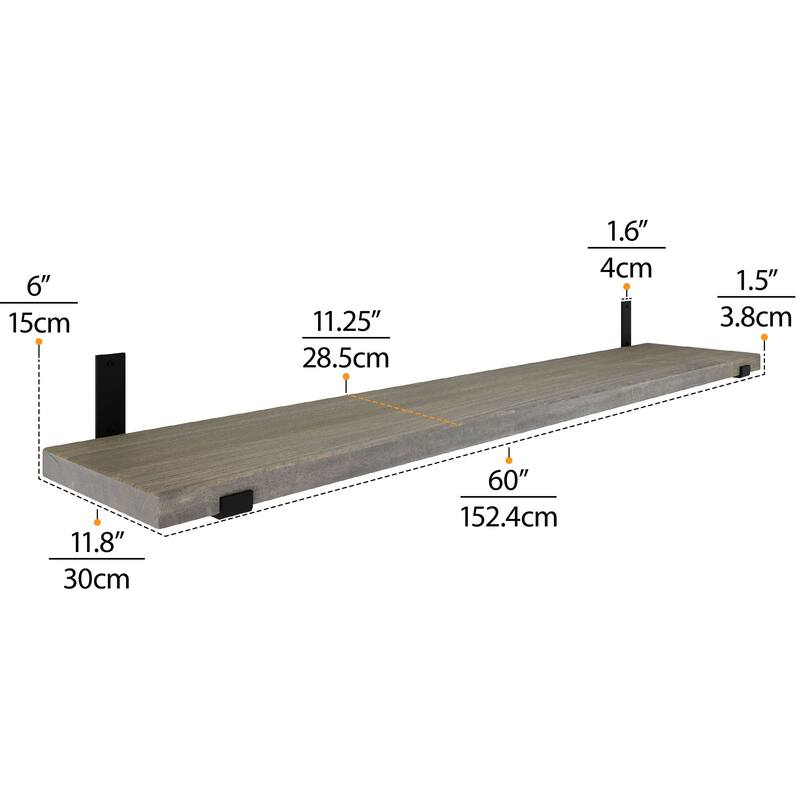 Wallniture Forte Wood Board 60" Long, 11.25'' Deep, 1.5" Thick, Wood Floating Shelf for Wall with Heavy Duty Metal Brackets, 1pc