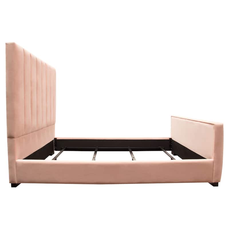 Eva King Bed, Vertical Channel Tufted Blush Pink Velvet Upholstery