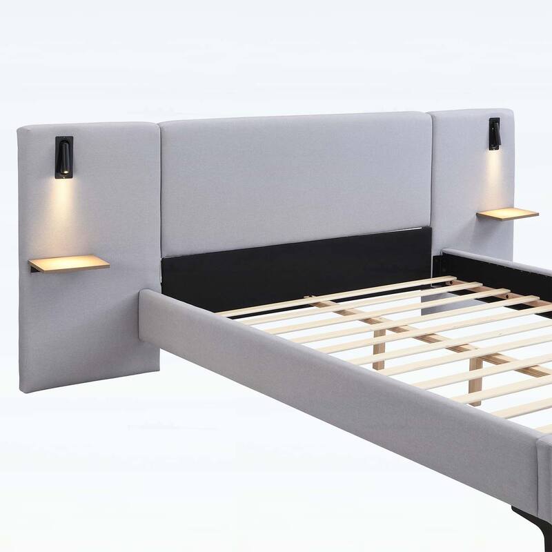Stylish Design Linen Upholstered Bed with Integrated Lights and Shelves,for Modern and Rustic Interiors