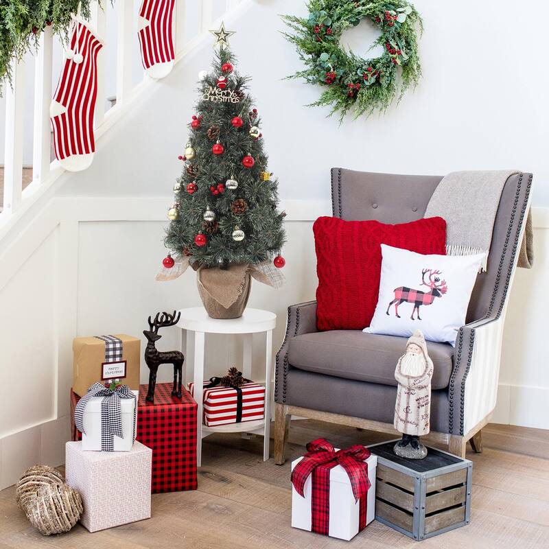 Mini Christmas Tree with 78 LED Lights Cloth Bag Base & Pine Cones & Red Berries