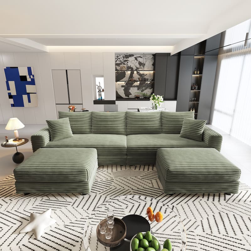 102.4" Corduroy Couch with Ottomans, 4 Seat Convertible Modular Sectional Sofa, Upholstered Couches with Pillows for Living Room