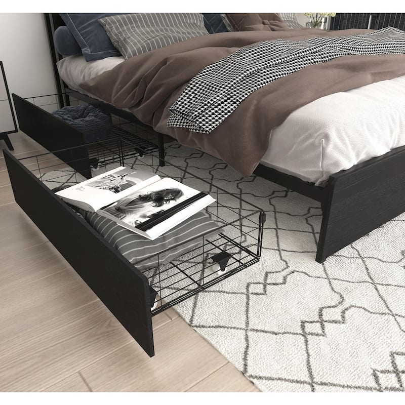 King Bed Frame with Storage Headboard and Charging Station, Solid, Stable