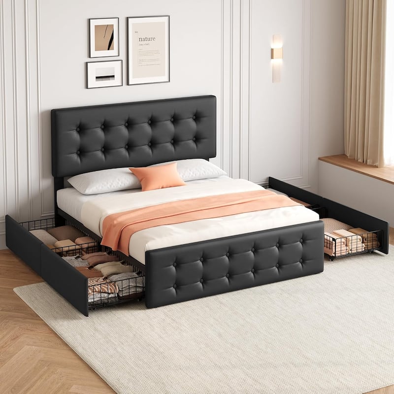 Bed Frame with Adjustable Headboard and 4 Storage Drawers