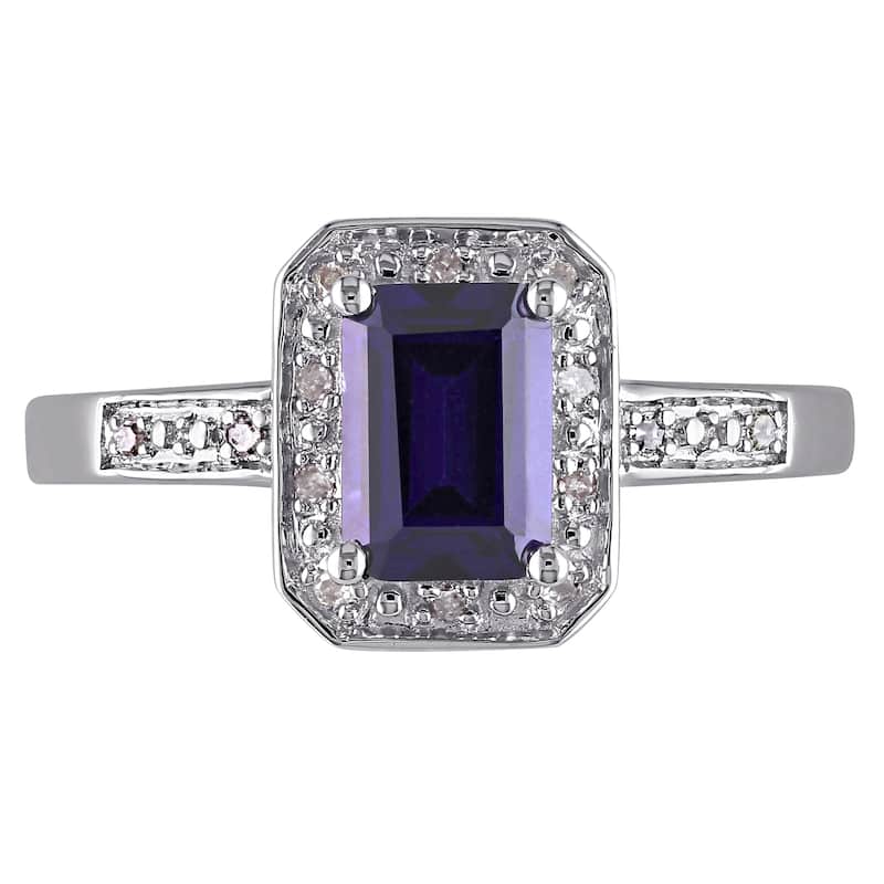 Miadora Sterling Silver Emerald-cut Created Sapphire and Diamond Ring