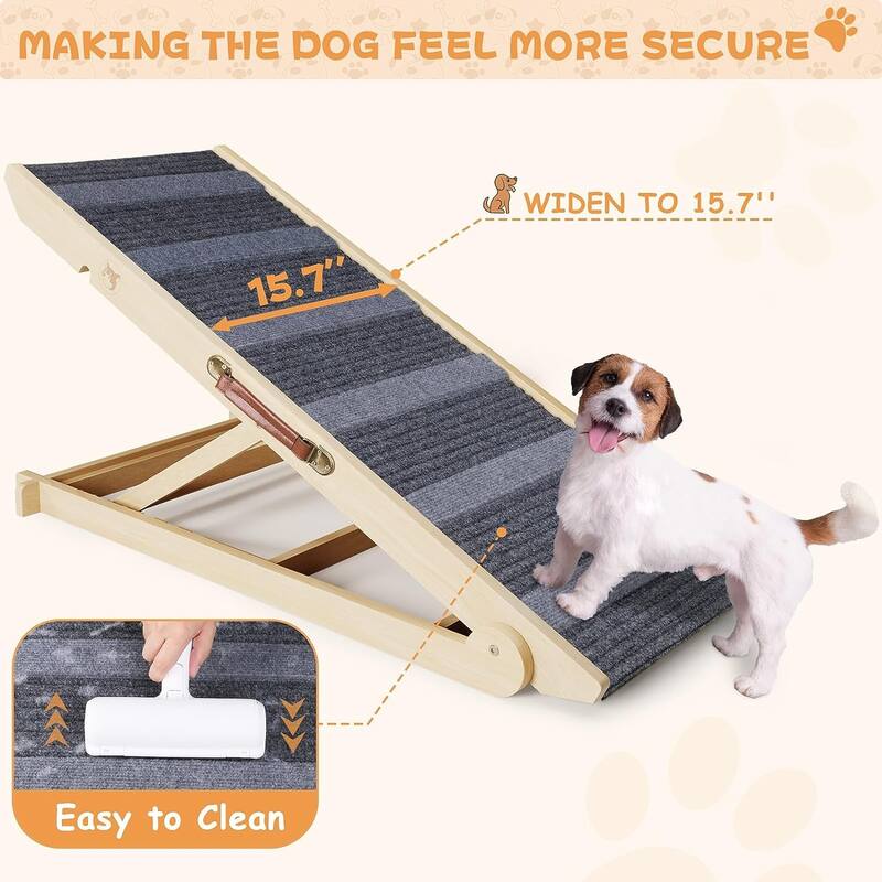 Wooden Dog Ramp Adjustable Folding Portable Pet Ramp with Sticky Roller - Natural - 41" x 15.7" x 4"