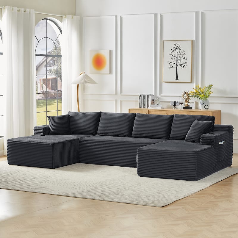 Minimalist Modular Lounge Couch U-shaped Sectional Sofa with Chaise, Corduroy Sleeper Sofa Bed with Side Pockets and Cup Holders