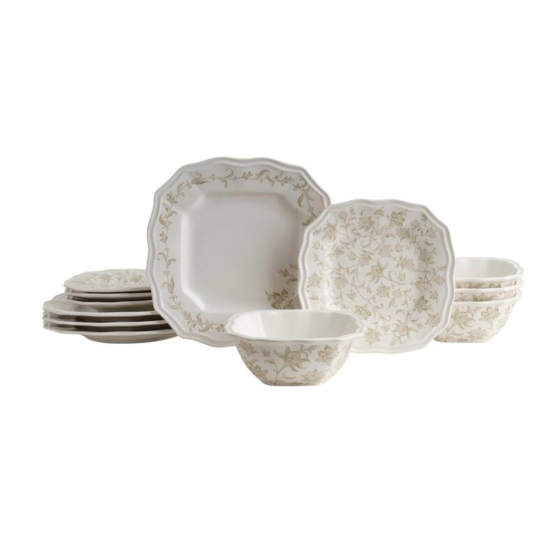 Batik Toile Taupe Porcelain 12 Pc Dinnerware Set