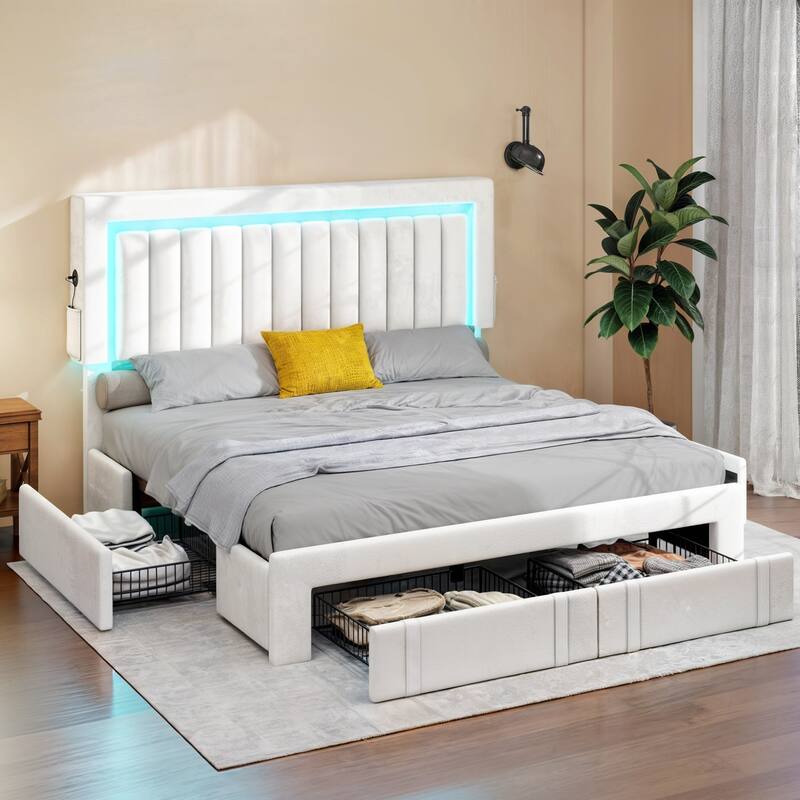 Moasis Velvet Upholstered Platform Bed, Bed Frame with Adjustable Headboard and 4 Storage Drawers - White - Queen