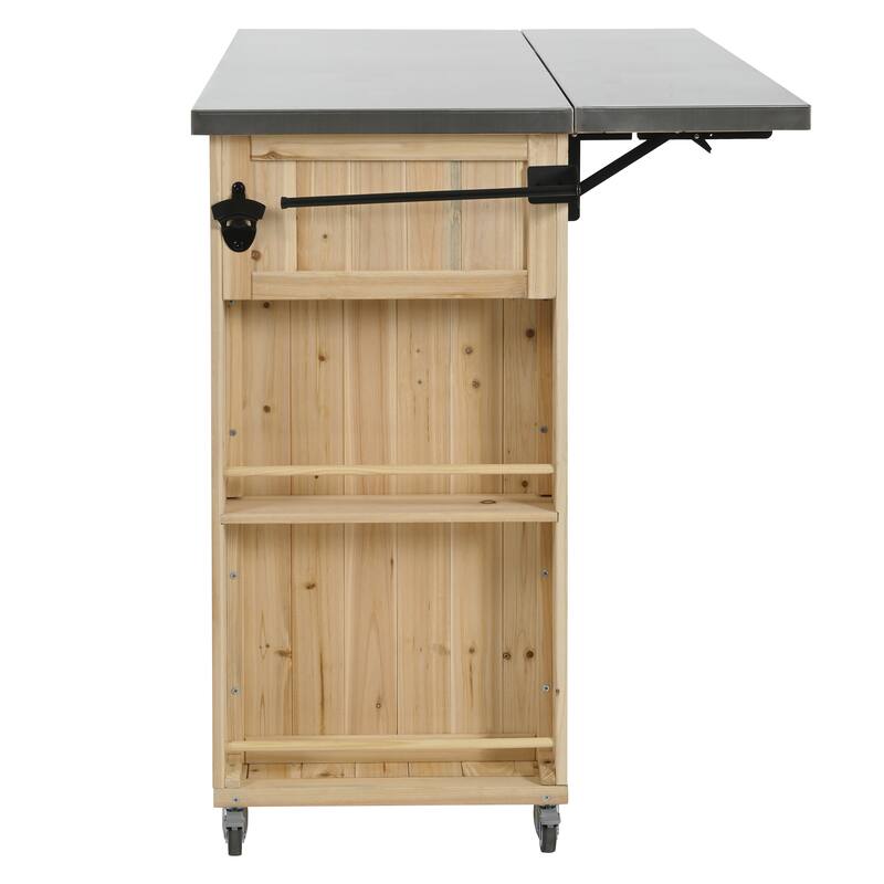 Outdoor Kitchen Island with Foldable Stainless Steel Top & Bottle Opener, Fir Wood Kitchen Island with Shelves and Towel Racks