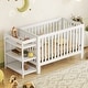 preview thumbnail 1 of 25, Convertible Crib/Full Solid Wood Bed with Changing Table, Adjustable Height, Nursery Bed White