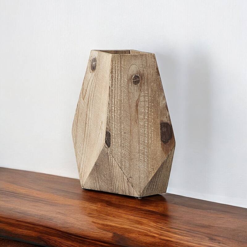 HomeRoots 9" Natural Abstract Cylinder Solid Wood Table Vase - 5" W x 9" H x 8" D