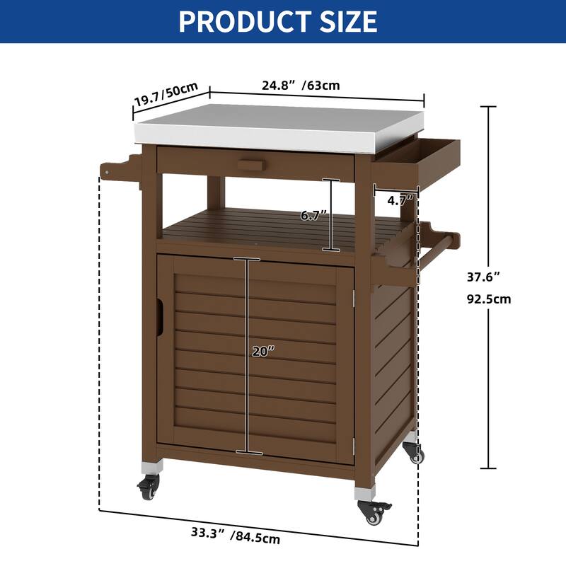 Moasis Solid Wood Grill Cart Outdoor Storage Cabinet Patio Bar Cart with Stainless Steel Top and Lockable Wheels