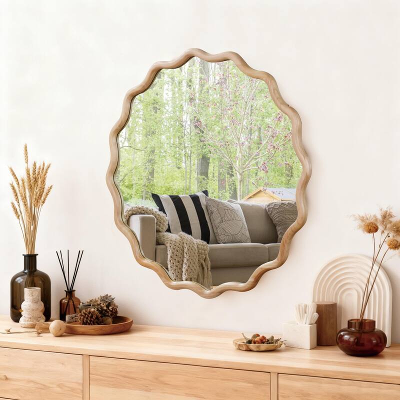 Wavy Round Solid Wood Frame Decorative Mirror Modern Farmhouse Wall Mirror For Bedroom Bathroom Living Room Entryway