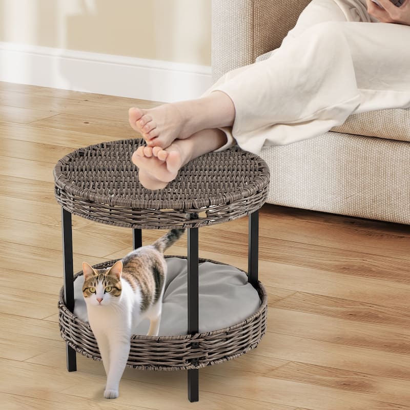 2-Layer Grey Rattan Cat Bed, Indoor Outdoor Pet Nest with Comfortable Washable Cushion - 15" x 15"