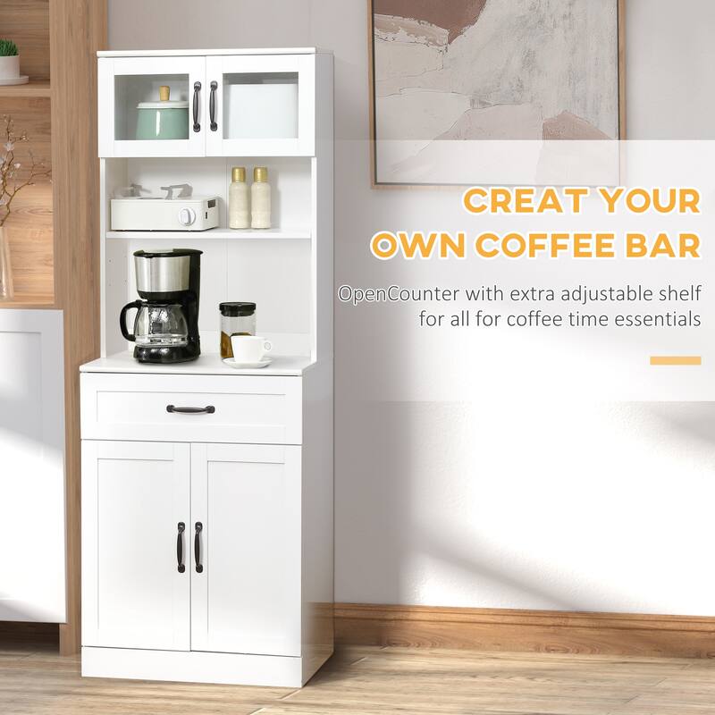 HOMCOM Freestanding Kitchen Pantry, 4-Door Buffet Cabinet with Hutch, Coffee Bar with Adjustable Shelves, White