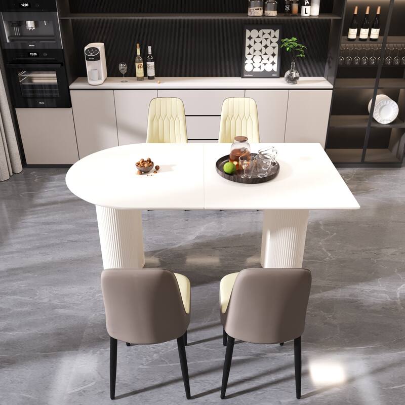 5-Piece Dining Cream MDF Table and 4 Ergonomic PU Chairs Set with for Dinners and Gatherings - Brown-Cream