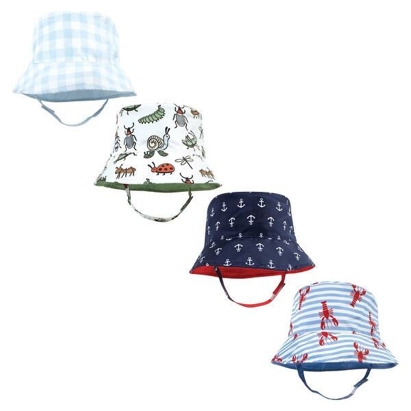 slide 1 of 1, Hudson Baby Infant Boy 4Pc Sun Protection Hat, Critters Plaid Anchor Lobster 12-24 Months - Critters Plaid Anchor Lobster