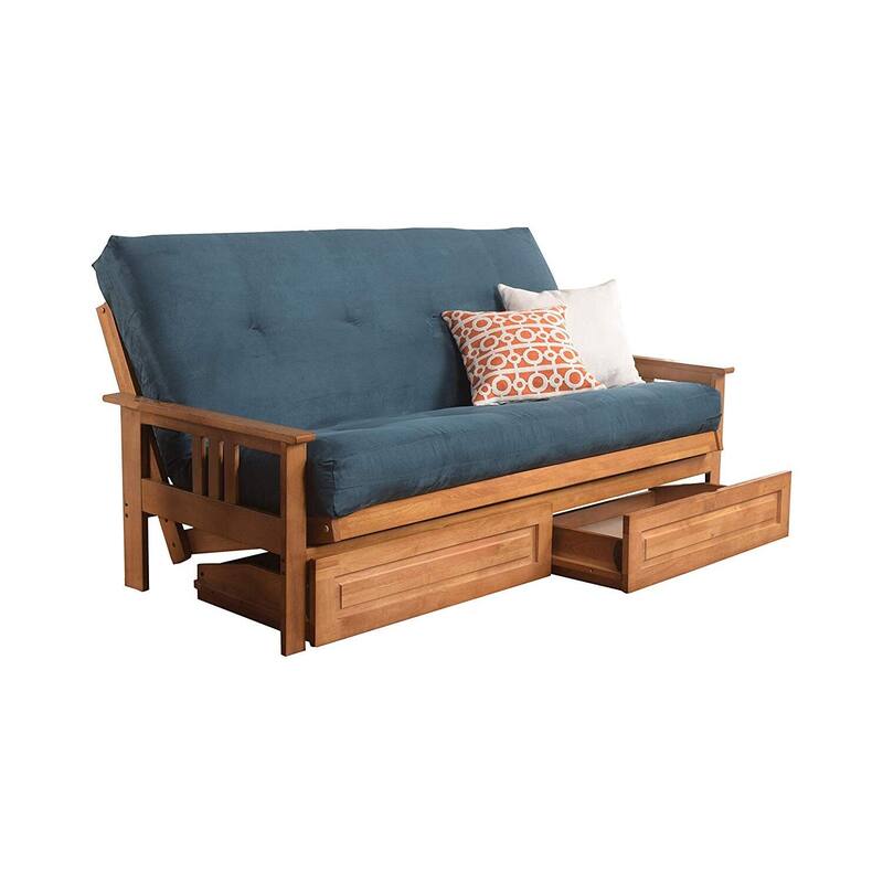 79 in. Butternut/Suede Navy Polyester Upholstered Full Size Futon Set with Mattress and Storage Drawers