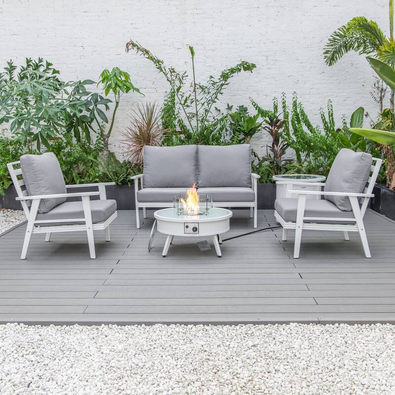 Walbrooke Modern 5-Piece Outdoor Aluminum Conversation Set of 3 Polyester Chairs, Fire Pit Table with Lid and Tank Holder