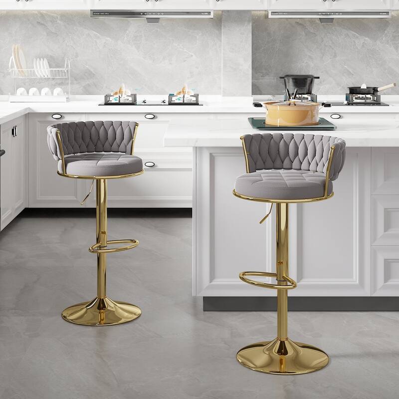 Javlergo 4 Colors Bar Stools Set of 2 Elegant Velvet Swivel Bar Stools with Adjustable Height Woven Back & Golden Base - Grey