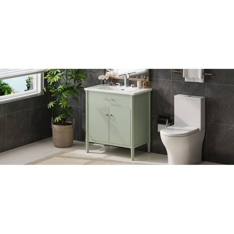 Bathroom Vanity with Ceramic Sink, Wooden Bathroom Storage Cabinet, Bathroom Cabinet with Soft Close Doors & Adjustable Shelf