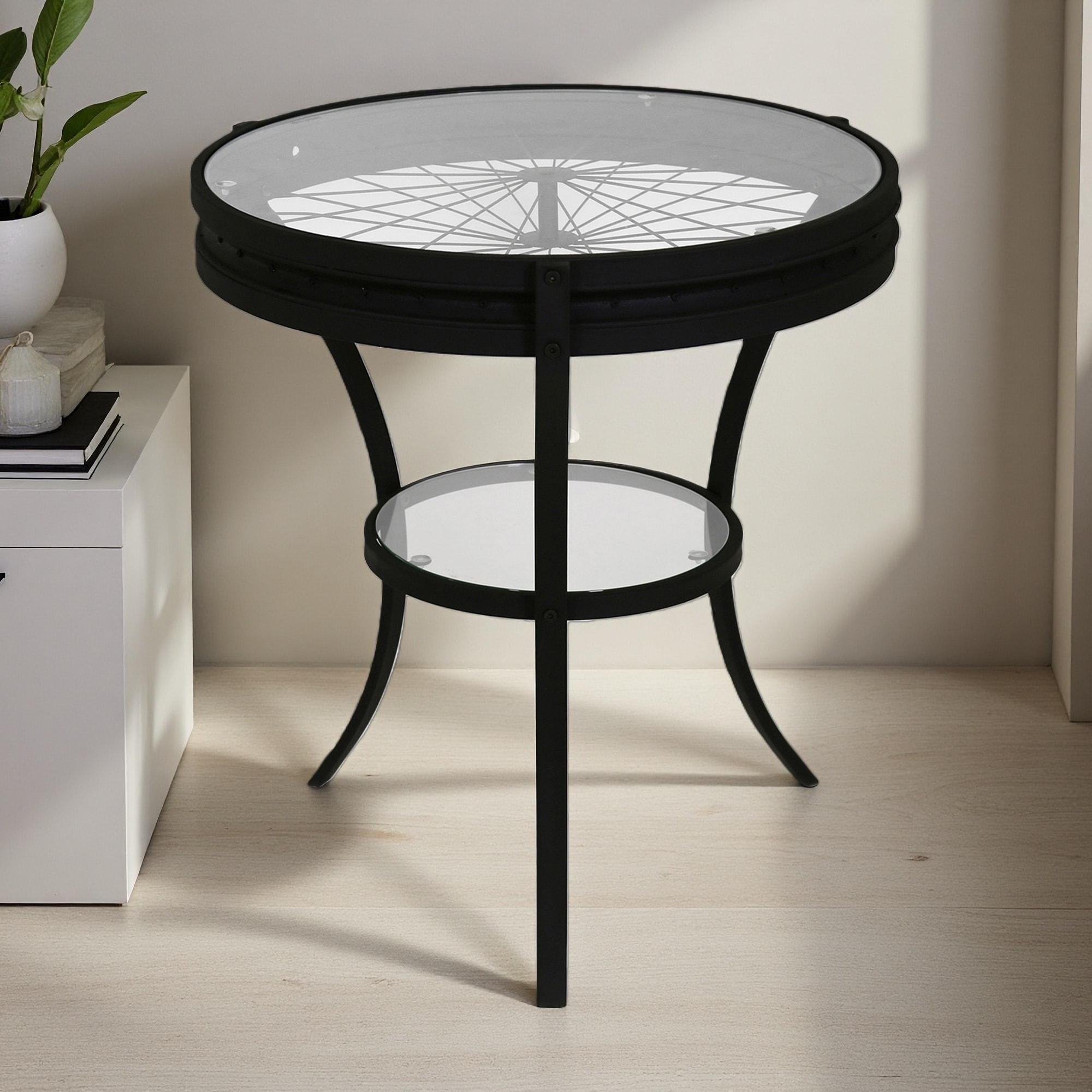 22.5" Round Clear Tempered Glass Accent Table with Black Metal Frame, Hammered Finish, Open Shelf for Living Room & Bedroom
