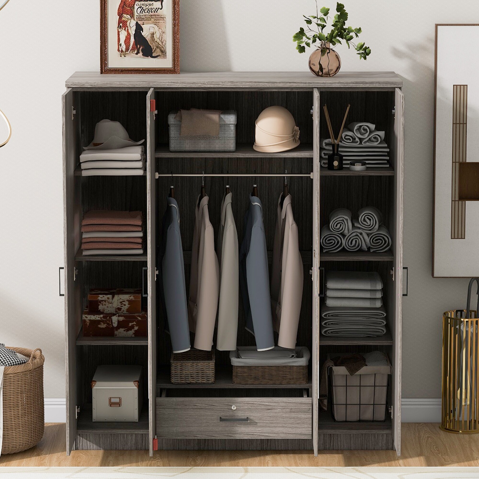 4 Door Mirror Wardrobe with Shelves Lockable Drawer and Full Length Mirrors for Ample Bedroom Storage and Stylish Organization