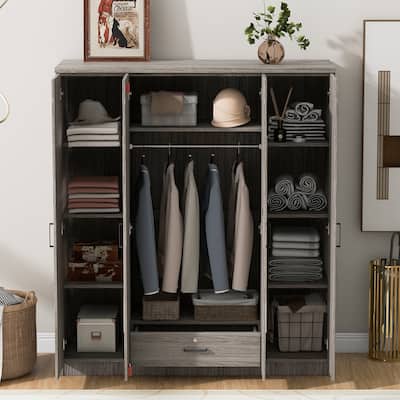 4 Door Wardrobe Gray Armoire Bedroom Clothes Storage Cabinet w/ Mirrors