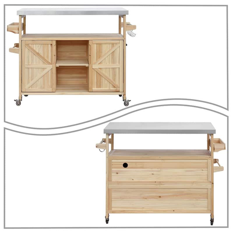 Vintage Stylish Wooden Kitchen Island with Stainless Steel Top, Indoor/Outdoor Use