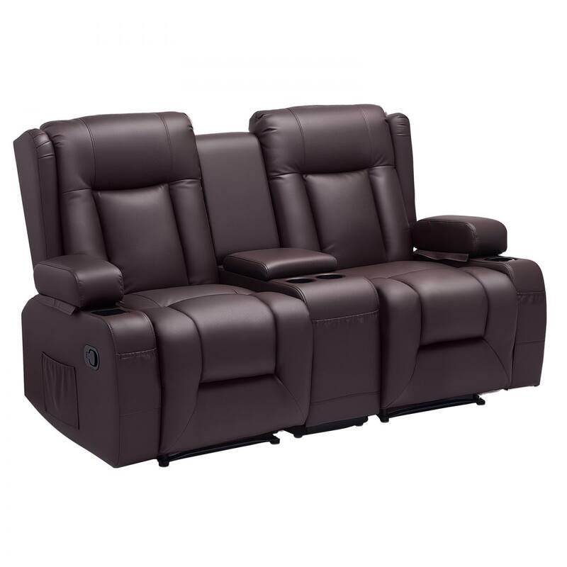 Brown PU Leather Manual Recliner Loveseat with High Back, Storage and Cup Holders - 65.5 x 36.2 x 40.9 in