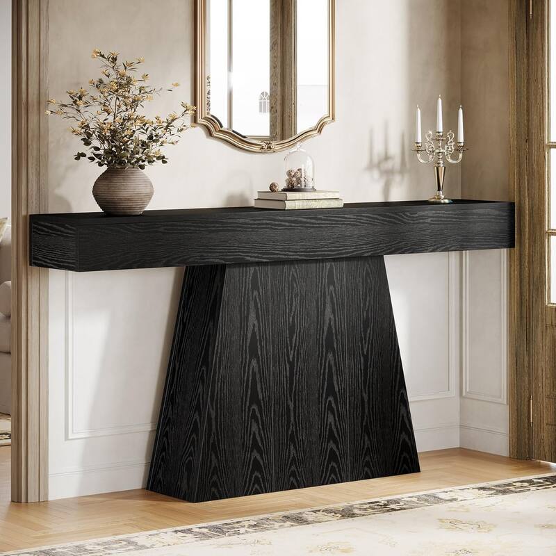 63" Narrow Long Console Table, Farmhouse Entryway Table with Trapezoidal Base - 63" L x 11.6" W x 35.4" H - Black