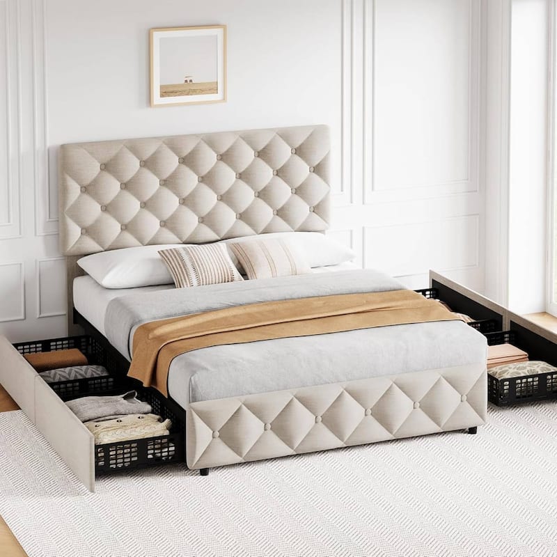 Bed Frame with 4 Storage Drawers and Adjustable Headboard