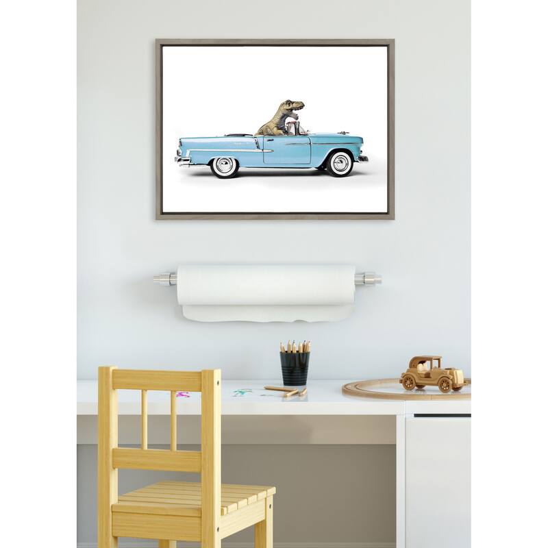 Kate and Laurel Sylvie T Rex Driving 1957 Aqua Chevy Framed Canvas by Saint and Sailor Studios