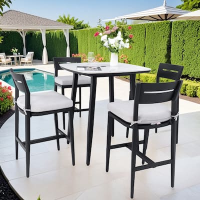 5-Piece Modern Outdoor Bar Set - 35.4" Marble-Look Sintered Stone Table & 4 Aluminum Bar Stools with Sunbrella Cushions‌